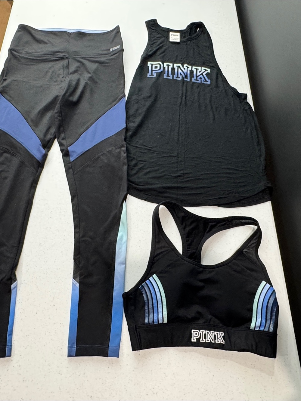 PINK Victoria's Secret Black & Blue Active Set - Tank, Leggings, Sports Bra